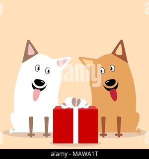 Les animaux sont assis à côté d'un cadeau. Cute cartoon joyeuse année 2018 chiens, symbole par calendrier oriental avec un cadeau. Vœux de Noël et Nouvel An location Illustration de Vecteur