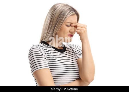 Young woman having a headache isolé sur fond blanc Banque D'Images