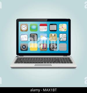 Ordinateur portable moderne avec des icônes sur l'écran de l'app Illustration de Vecteur