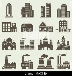 Ensemble de divers bâtiments et les icônes de l'immobilier Illustration de Vecteur