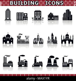 Ensemble de divers bâtiments, des usines et des maisons des icônes avec la réflexion Illustration de Vecteur