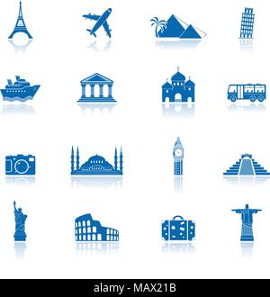 Sites touristiques et de transport d'icônes bleues avec réflexion Illustration de Vecteur
