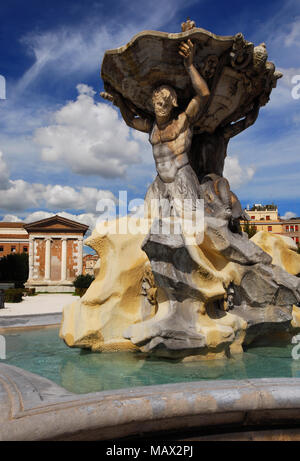 Fontaine des tritons, belle fontaine baroque achevée en 1715, avec l'ancien temple romain de Portunus, dans le centre de Forum Boarium squar Banque D'Images