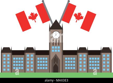Bâtiment du Parlement d'Ottawa avec des drapeaux canadiens Illustration de Vecteur