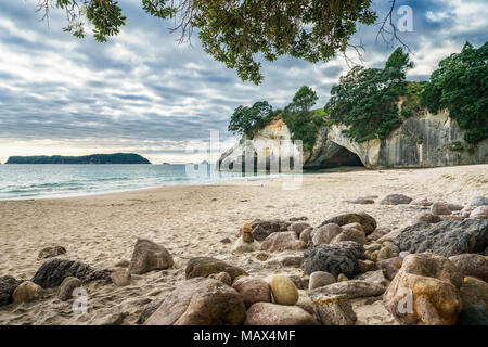 Le sable, l'eau, les îles et la grotte de cathedral cove, coromandel, new zealand Banque D'Images