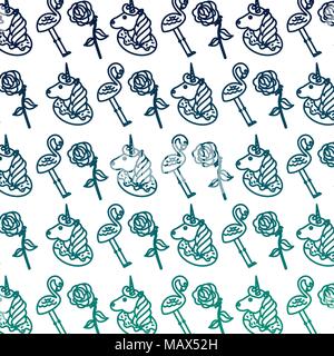 Licorne fantasy mignon avec motif roses et flamand Illustration de Vecteur