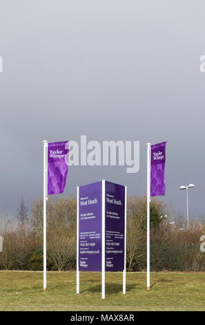 Drapeaux au vent et de l'affichage à un Taylor Wimpey house building site sur Great Park, Newcastle upon Tyne, au Royaume-Uni avec l'exemplaire de l'espace. Banque D'Images