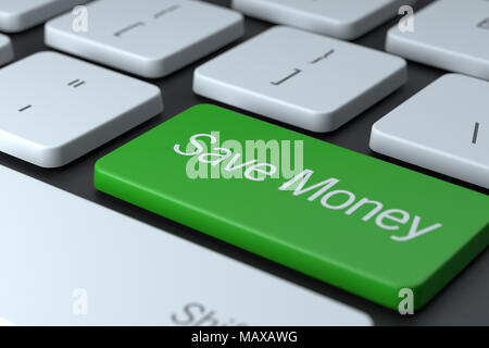 Gros plan du clavier de l'ordinateur avec le bouton vert d'économiser de l'argent. Concept illustre d'économiser de l'argent en ligne, achat en ligne, ou d'économiser de l'argent sur internet. Banque D'Images