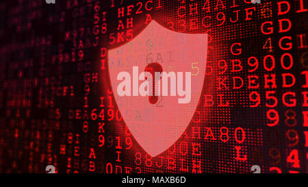 Un graphique 3d illustration de l'écran d'un ordinateur mis de travers avec rosy lettres et chiffres codés dans le fond violet. Un grand bouclier cristallin avec un Banque D'Images