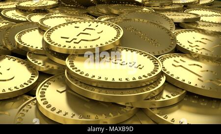 Lot de pièces d'or avec les symboles de la crypto-numérique et l'inscription Bitcoin monnaie Bitcoin, rendu 3D Banque D'Images