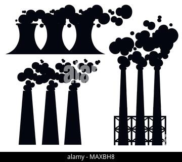 Silhouette noire. Problème de la pollution de l'environnement. Ensemble de tuyaux de fumée d'usine. Usine de la terre polluer avec gaz de carbone.Vector illustration plate. Vect Illustration de Vecteur