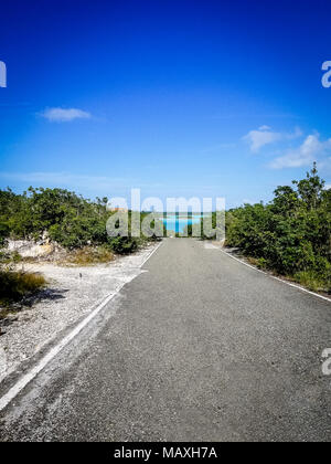 Route de lagon avec de l'eau turquoise et les arbres tout autour de Chalk Sound, Providenciales, Îles Turques et Caïques Banque D'Images
