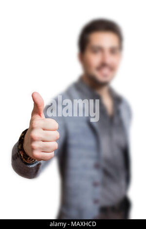 Pouce humain dans un geste d'approbation symbolique Thumbs up. Fond blanc transparent, idéal pour les messages promotionnels, Banque D'Images