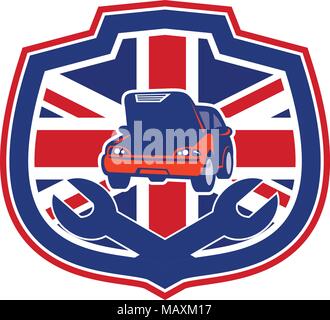 Style rétro icône illustration d'un atelier de réparation de voiture auto automobile avec la clé de serrage croisé et Royaume-Uni UK, Grande-Bretagne Union Jack Illustration de Vecteur