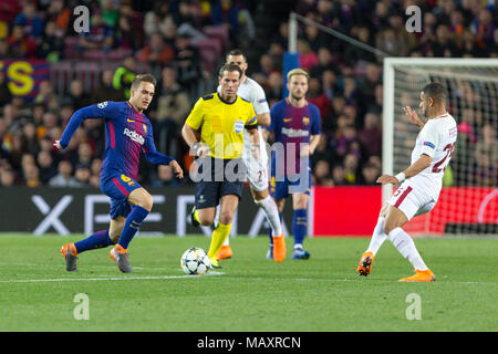 Le milieu de terrain du FC Barcelone Denis Suarez (6) au cours de l'UEFA Champions League match entre le FC Barcelone et que les Roms au Camp Nou, le stade du quart de finale correspondante, première étape le 4 avril 2018 à Barcelone, Espagne. (Crédit : Mikel Trigueros / Urbanandsport / Cordon Presse) Banque D'Images