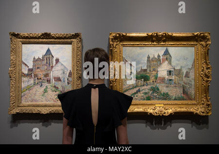 National Gallery, Londres, Royaume-Uni. 5 avril 2018. Une exposition de plus de 75 œuvres à la carrière chez Monet à travers les bâtiments qu'il peint. La dernière fois que le Royaume-Uni a accueilli une exposition Monet exclusivement était il y a près de 20 ans, et jamais une vue à travers ses peintures d'architecture. Travaux incluent des endroits en Normandie, Rouen, Paris, Londres et Venise. L'exposition est présentée du 9 avril au 29 juillet 2018. Photo : l'église de Vétheuil : (à gauche), 1878, National Galleries of Scotland ; (droite), 1878, Daniel et Grace Chiu Collection gracieuseté de Halcyon Gallery. Credit : Malcolm Park/Alamy Live News. Banque D'Images