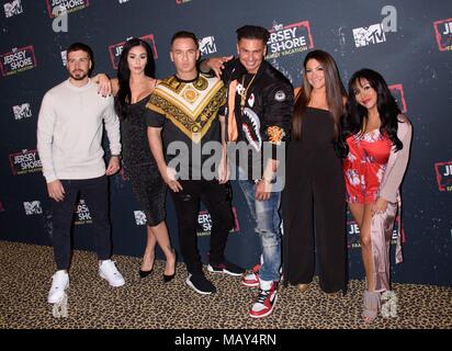 New York, NY, USA. 4ème apr 2018. Vinny Guadagnino, Jenni "JWoww" Farley, Mike "The Situation" Sorrentino, Paul 'Pauly D' DelVecchio, Deena Cortese et Nicole 'Snooki' Polizzi aux arrivées pour JERSEY SHORE FAMILY VACATION Premiere, PHD Un Salon sur le toit du Dream Downtown, New York, NY Avril 4, 2018. Credit : RCF/Everett Collection/Alamy Live News Banque D'Images