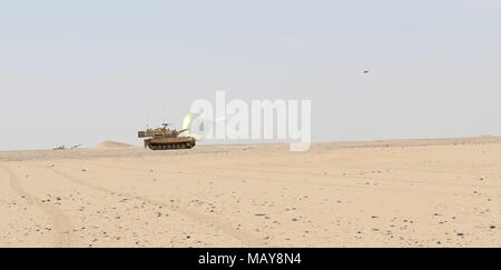 CAMP BUEHRING, Koweït - en travaillant en tandem au cours de leur formation, le tableau XII M-109A6 Paladins de Bravo Batterie, 4e Bataillon, 27e Régiment d'artillerie, 2ème Armored Brigade Combat Team, le feu leur 155mm en direction de leurs cibles. Au sein de chaque véhicule blindé, un équipage de trois œuvres d'obtenir l'arme prêt en prévision de la prochaine mission de tir. (U.S. Photo de l'armée par le sergent. Matthieu Keeler) Banque D'Images