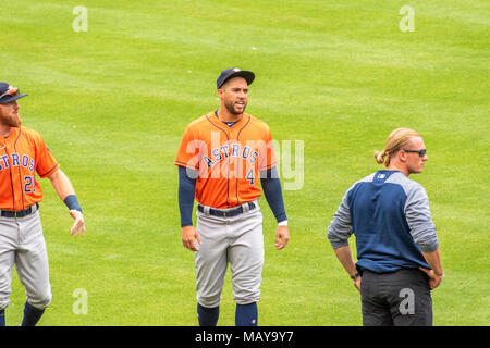 Le voltigeur des Houston Astros George Springer avant le début de la partie 4 de la saison contre les Rangers du Texas. Les Astros a remporté la série 3-1. Banque D'Images