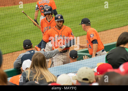 Le voltigeur des Houston Astros George Springer d'être félicité pour un point marqué dans le jeu quatre de la saison contre les Rangers du Texas. Banque D'Images