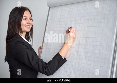 Close up of woman avec le marqueur à écrire ou à dessiner quelque chose sur un tableau. Banque D'Images