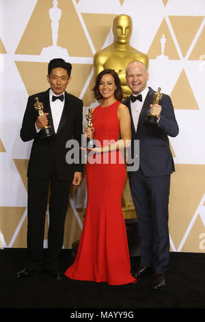 90Th Annual Academy Awards - Salle de presse : Kazuhiro Tsuji, Lucy Sibbick, David Malinowsk Où : Hollywood, California, United States Quand : 04 mars 2018 Credit : FayesVision/WENN.com Banque D'Images