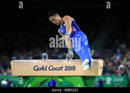 Kelvin Cham en Écosse à bord du cheval de pommel lors de la finale de l'événement masculin de l'équipe de gymnastique au centre sportif intérieur de Coomera, au cours du premier jour des Jeux du Commonwealth de 2018 sur la Gold Coast, en Australie. Banque D'Images