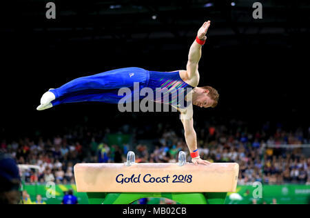 Scotland's Daniel Purvis sur le cheval d'arçons lors de la Men's épreuves par équipe de gymnastique au final Coomera Indoor Sports Center au cours de la première journée de la 2018 Jeux du Commonwealth à la Gold Coast, en Australie. Banque D'Images