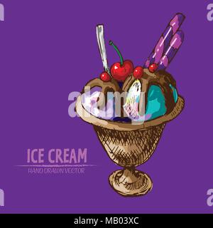 Vector art numérique détaillé des Glaces en boules de pétanque et hand drawn retro illustration collection. Crayon artistique mince contour. Encre Vintage Illustration de Vecteur