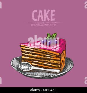 Vecteur ligne numérique détaillée art tranche de gâteau avec cuillère sur la main dish retro illustration collection set. Crayon artistique mince contour. Vintage Illustration de Vecteur