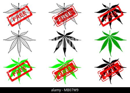 Feuilles de marijuana - modèle noir et vert et rouge de timbres en caoutchouc, journée internationale pour le cannabis, le 20 avril Illustration de Vecteur