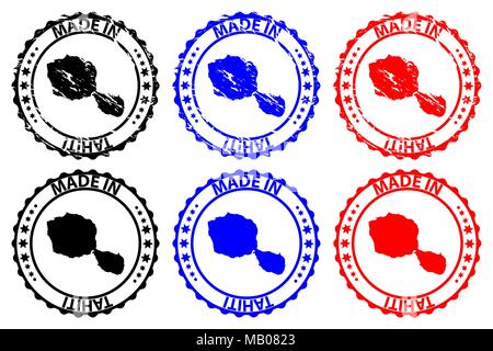 Fait à Tahiti - timbres en caoutchouc - vecteur, Tahiti carte - noir, bleu et rouge Illustration de Vecteur
