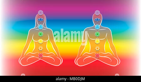 Sept chakras principaux. En position de yoga méditation deux corps - illustration sur fond dégradé arc-en-ciel. Banque D'Images