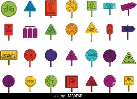 Road sign icon set, style du contour de couleur Illustration de Vecteur