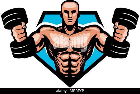 Salle de Fitness, bodybuilding, sport ou l'étiquette. Bodybuilder musculaire holding haltères en mains. Vector illustration Illustration de Vecteur