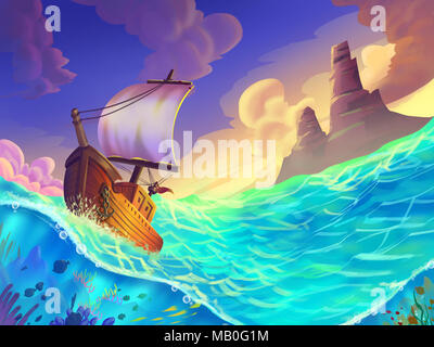 Le petit bateau pris dans une tempête sur la mer avec de fantastiques, réalistes et un style futuriste. Jeu vidéo numérique du CG Art, Concept Illustration Banque D'Images