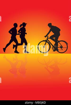 Silhouette d'un cycliste et d'exploiter les gens hommes et femmes jogging sur fond de couleur Illustration de Vecteur