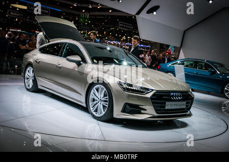 Genève, SUISSE - Le 17 mars 2018 : Nuova Audi A7 Sportback 3.0 TFSI quattro 55 Superfast sports car présenté lors de la 88e Salon International de mot Banque D'Images