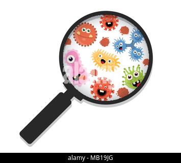 Les bactéries Cartoon sous une loupe vector illustration. Un zoom sur les virus. Illustration de Vecteur