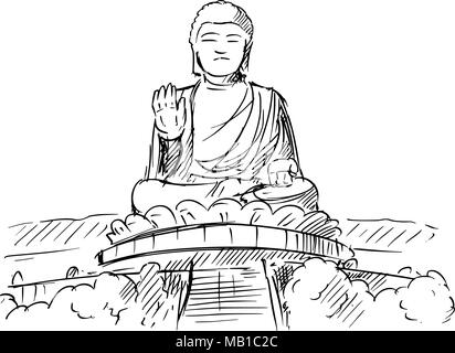 Croquis dessin animé du Tian Tan ou statue du Grand Bouddha, Hong Kong Illustration de Vecteur