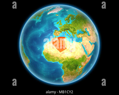 L'Algérie en rouge sur la planète Terre vue de l'espace sur la sphère complète. 3D illustration. Éléments de cette image fournie par la NASA. Banque D'Images