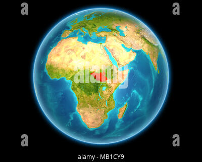 Le Soudan du Sud en rouge sur la planète Terre vue de l'espace sur la sphère complète. 3D illustration. Éléments de cette image fournie par la NASA. Banque D'Images