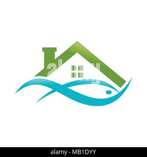 Résumé Lake House Poisson symbole du logo vert aqueux Vector Graphic Design Illustration de Vecteur