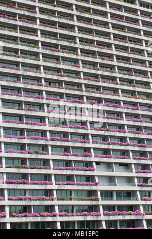 Vue sur les bougainvilliers roses sur le balcon de Marina Bay Sands, Singapour, Asie du Sud-est Banque D'Images