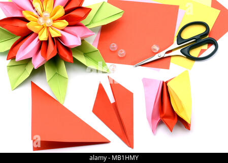 Tinker un papier coloré sur l'origami. lis d'eau isolé blanc fond. Banque D'Images