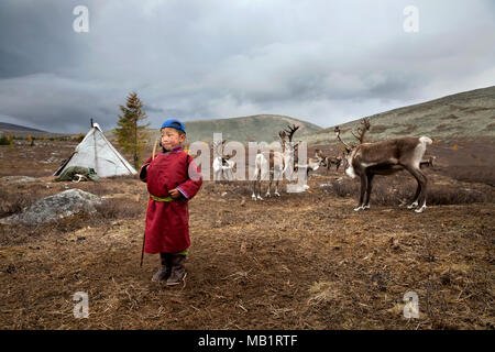 Garçon tsaatan, vêtu d'un deel traditionnel, avec un renne dans une taïga du nord de la Mongolie Banque D'Images