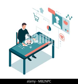 L'homme ayant un repas sain et l'utilisation d'applications sur un smartphone Illustration de Vecteur