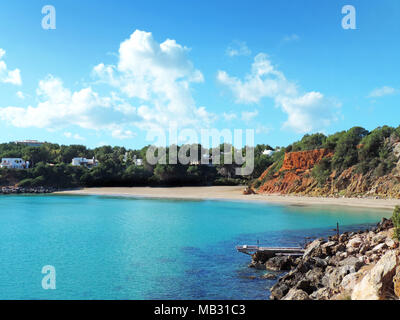 Belle plage aux eaux turquoises et de pins. Vue panoramique sur Cala Llenya, Île d'Ibiza. Banque D'Images