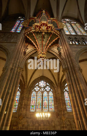 Orgue, orgue gothique swallow nest dans la nef, la cathédrale de Strasbourg, Strasbourg, Alsace, France Banque D'Images