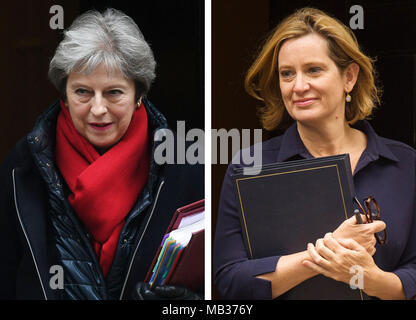 Un dossier non daté photo composite de la première ministre Theresa May (à gauche) et de la secrétaire à l'intérieur Amber Rudd, qui ont été absents alors que des crimes violents se sont enroulés dans tout le pays, affirment les députés, dans un contexte d'appels à des mesures pour rendre Londres plus sûre. Banque D'Images